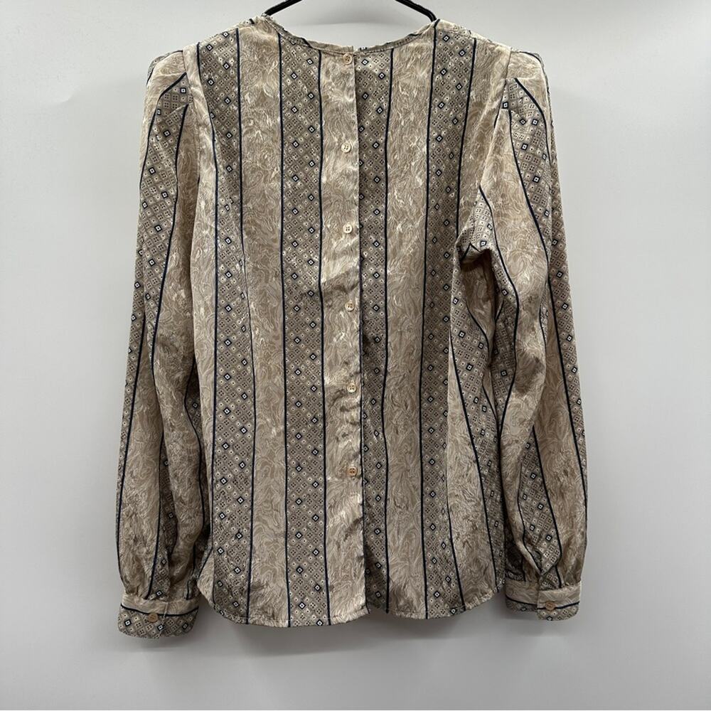 Vintage Eva Laurel Cream & Blue Geometric Print Long Sleeve Button Back Top 10‎ - Picture 4 of 7
